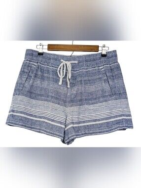 Lou & Grey Linen Cotton Blend White & Blue Striped Elastic Waist Shorts Size Med